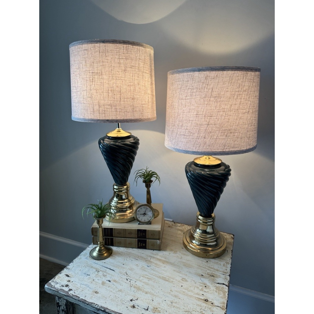 Pair Of MCM Green/gold Lamps With New Linen Shades